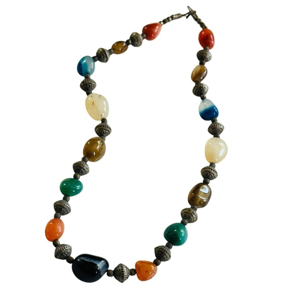 VTG 60s Beggars Beaded Gemstone Necklace Carnelian Agate Quartz Jade Beads 22"‎